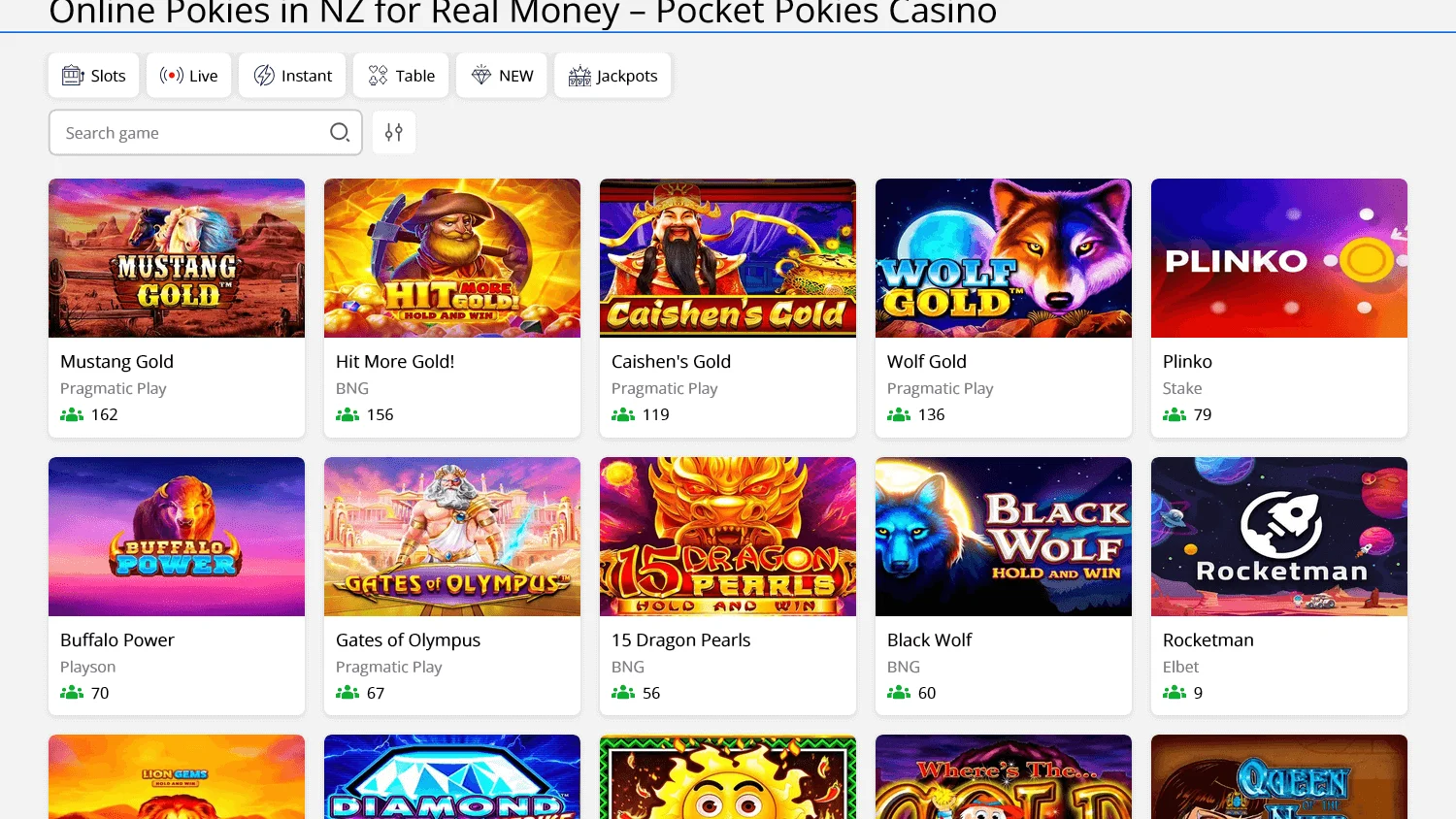 Pocket Pokies Casino games screen on desktop