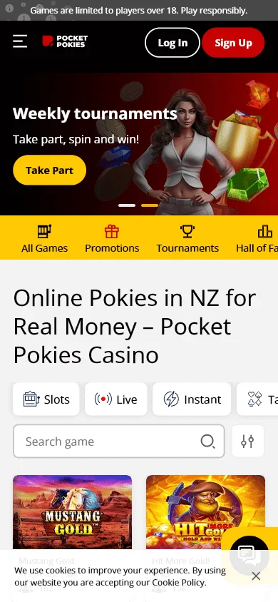 Pocket Pokies Casino home screen on a mobile device
