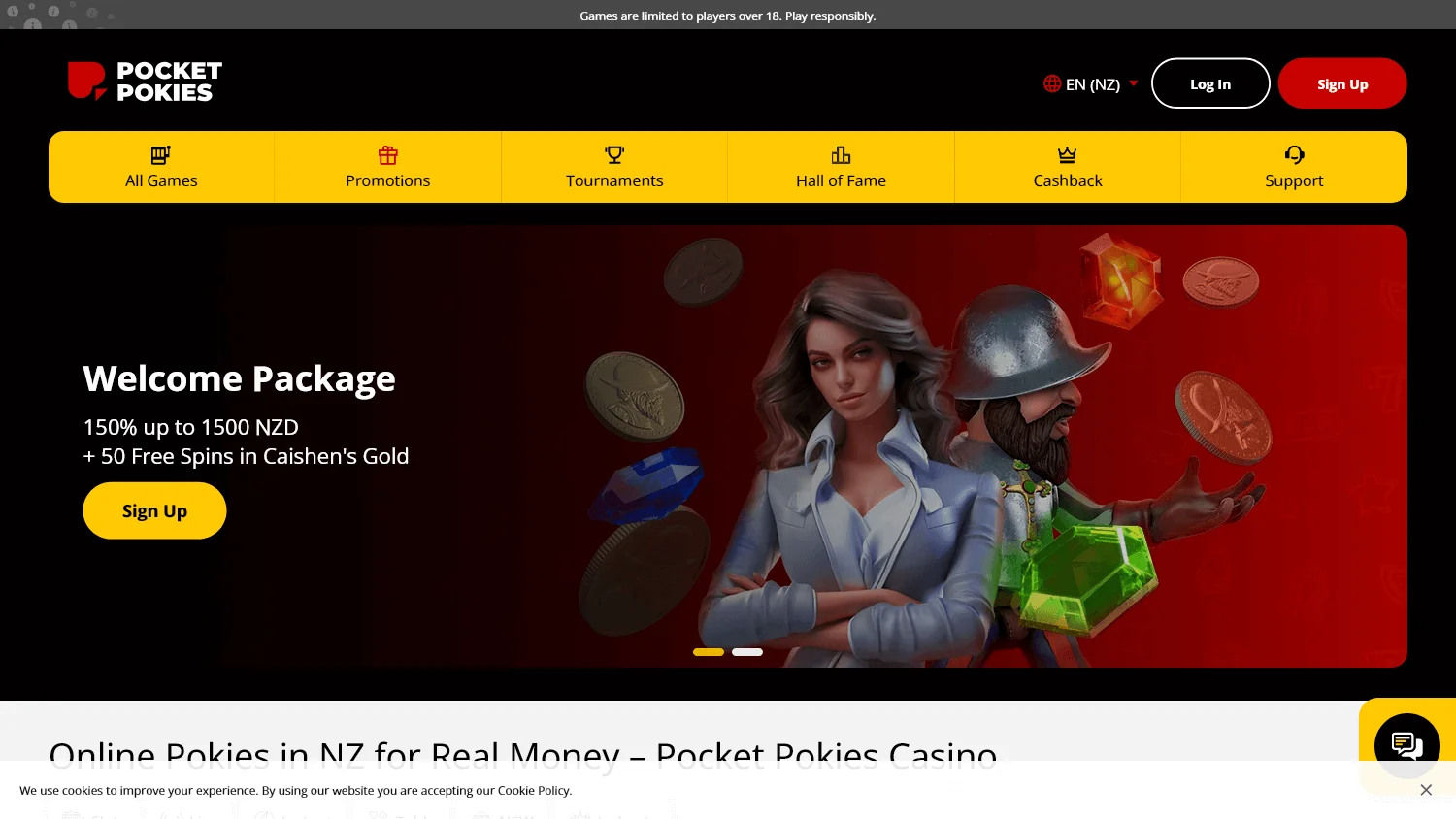 Pocket Pokies Casino home screen on desktop