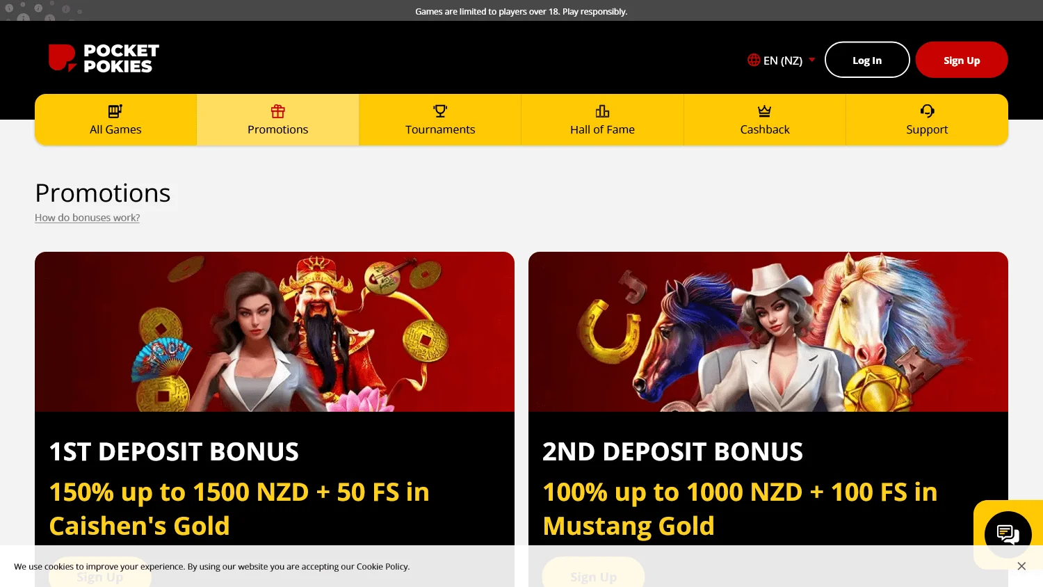 Pocket Pokies Casino promotions screen on desktop